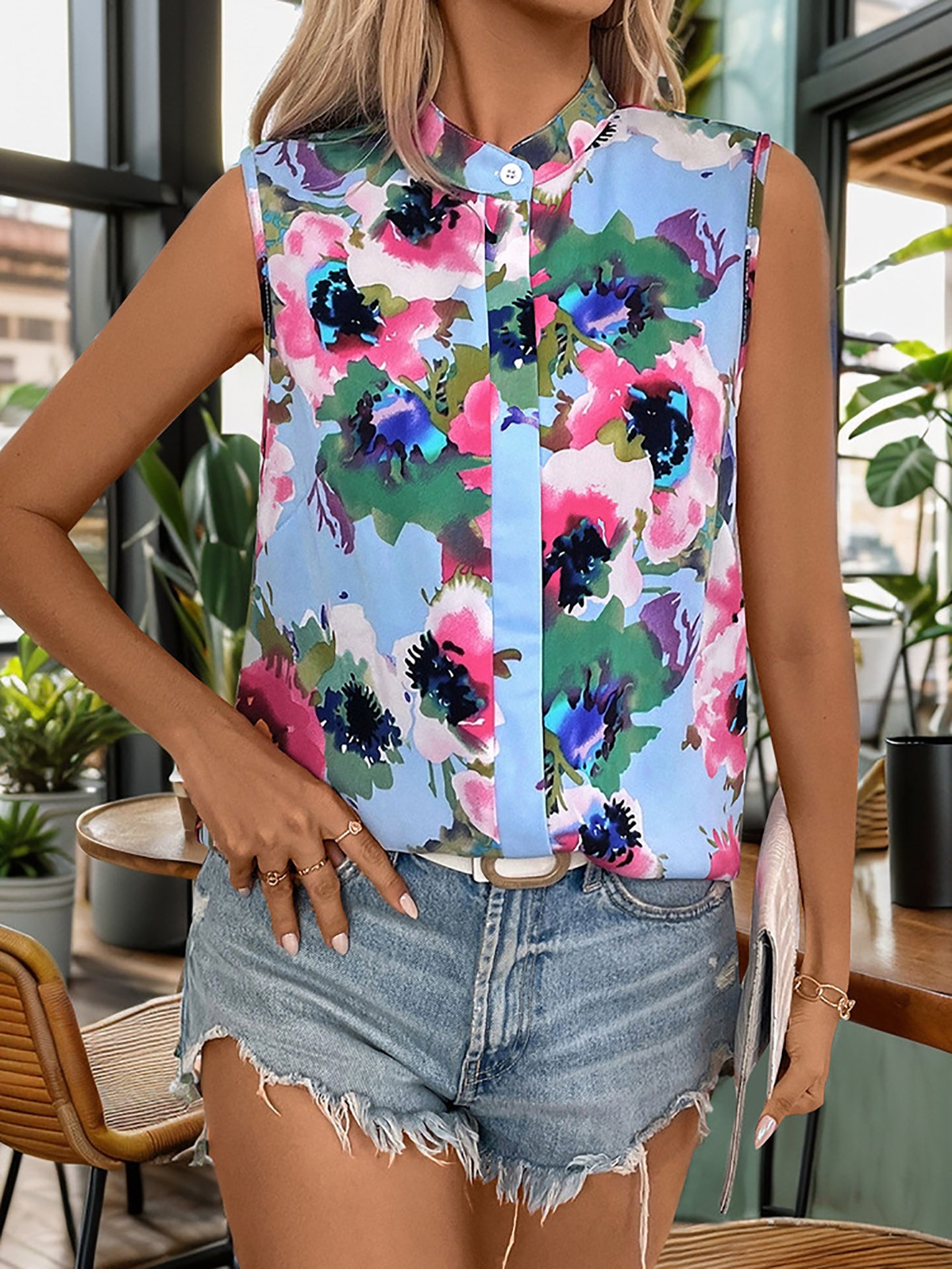 Women Floral Printed Shirt Collar Top