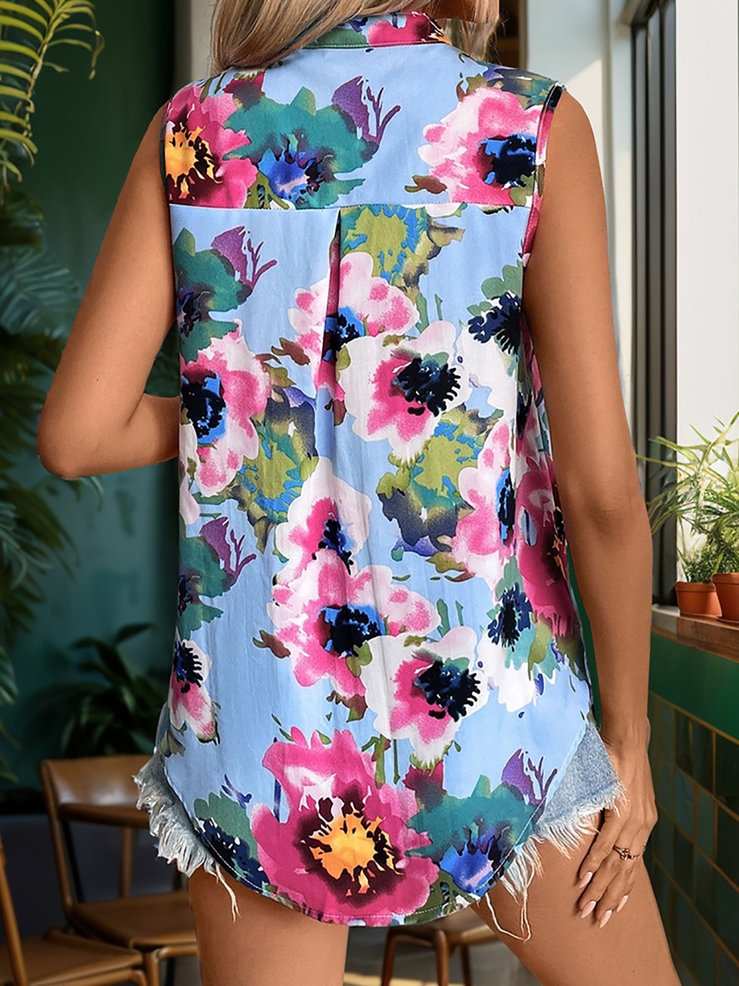Women Floral Printed Shirt Collar Top