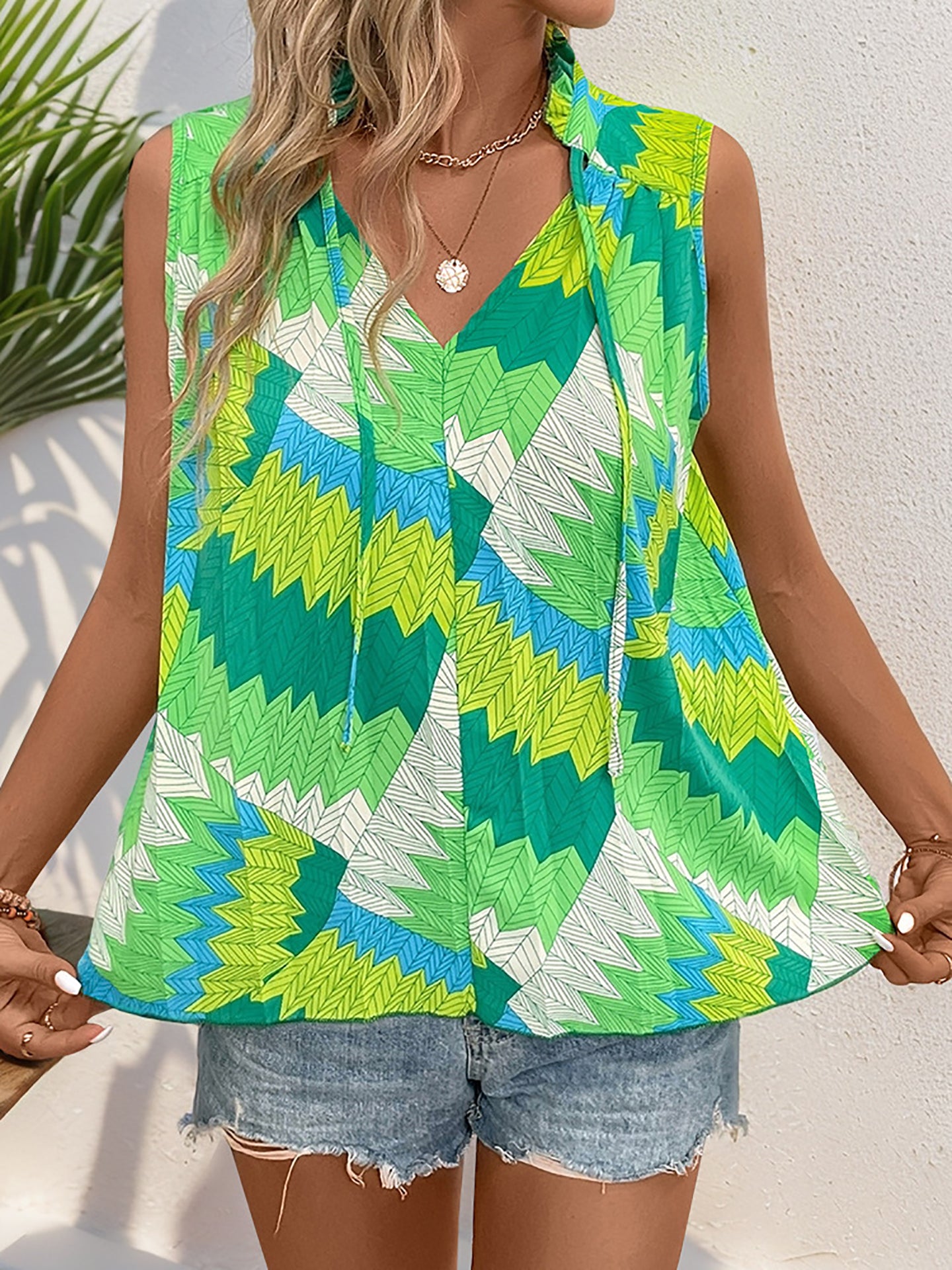 Women Abstract Printed Tie-Up Neck Top