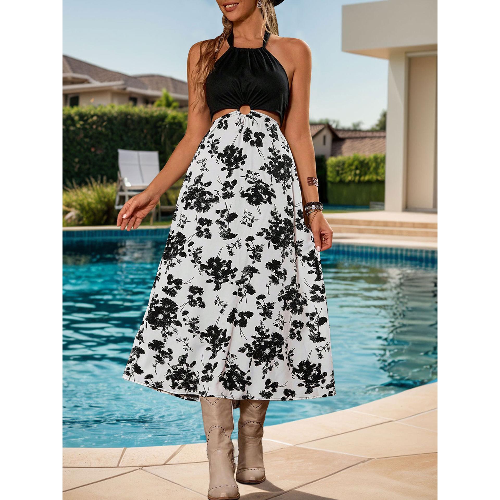 Black Floral Print Halter Neck A-Line Midi Dress