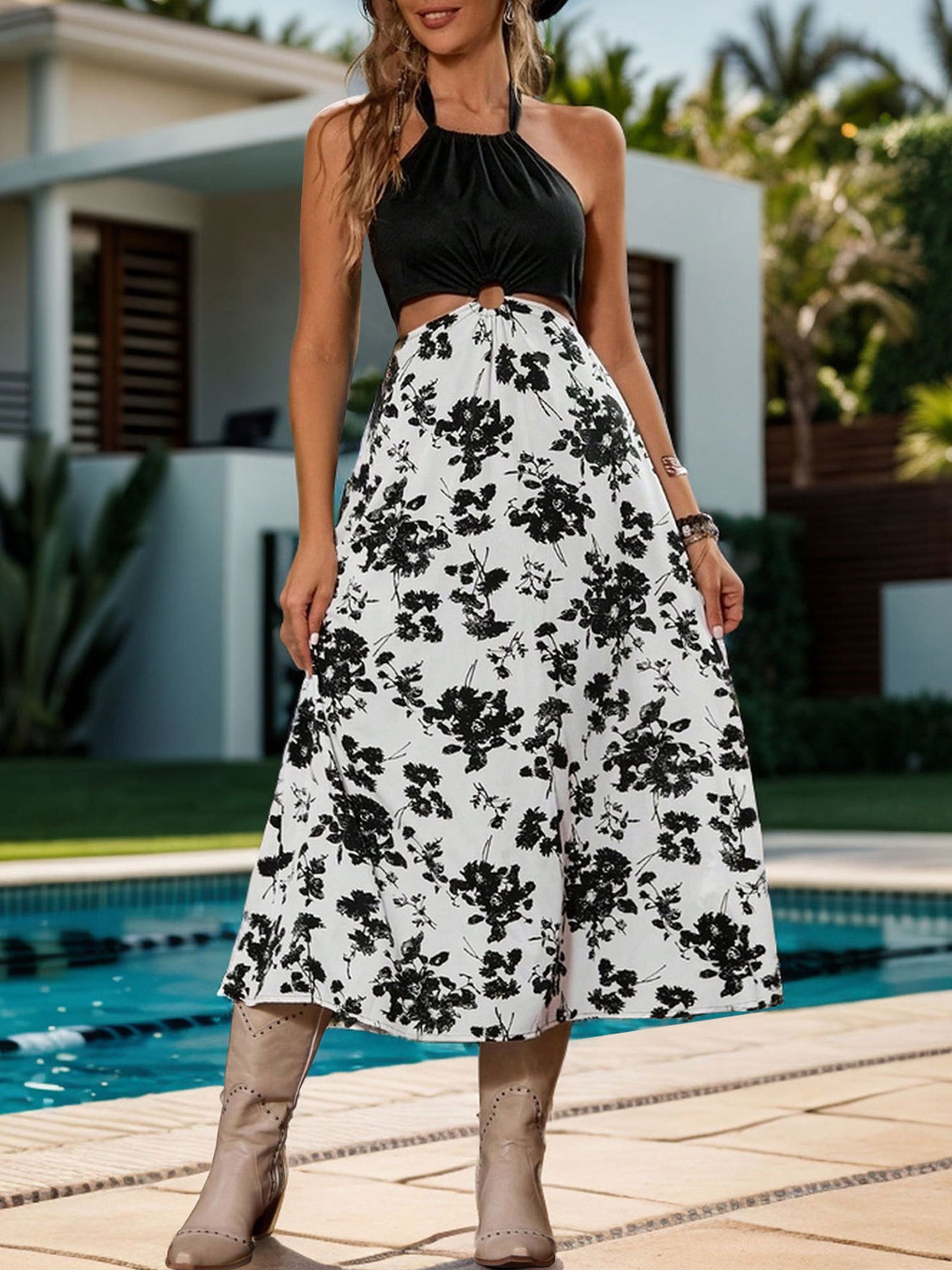 Black Floral Print Halter Neck A-Line Midi Dress