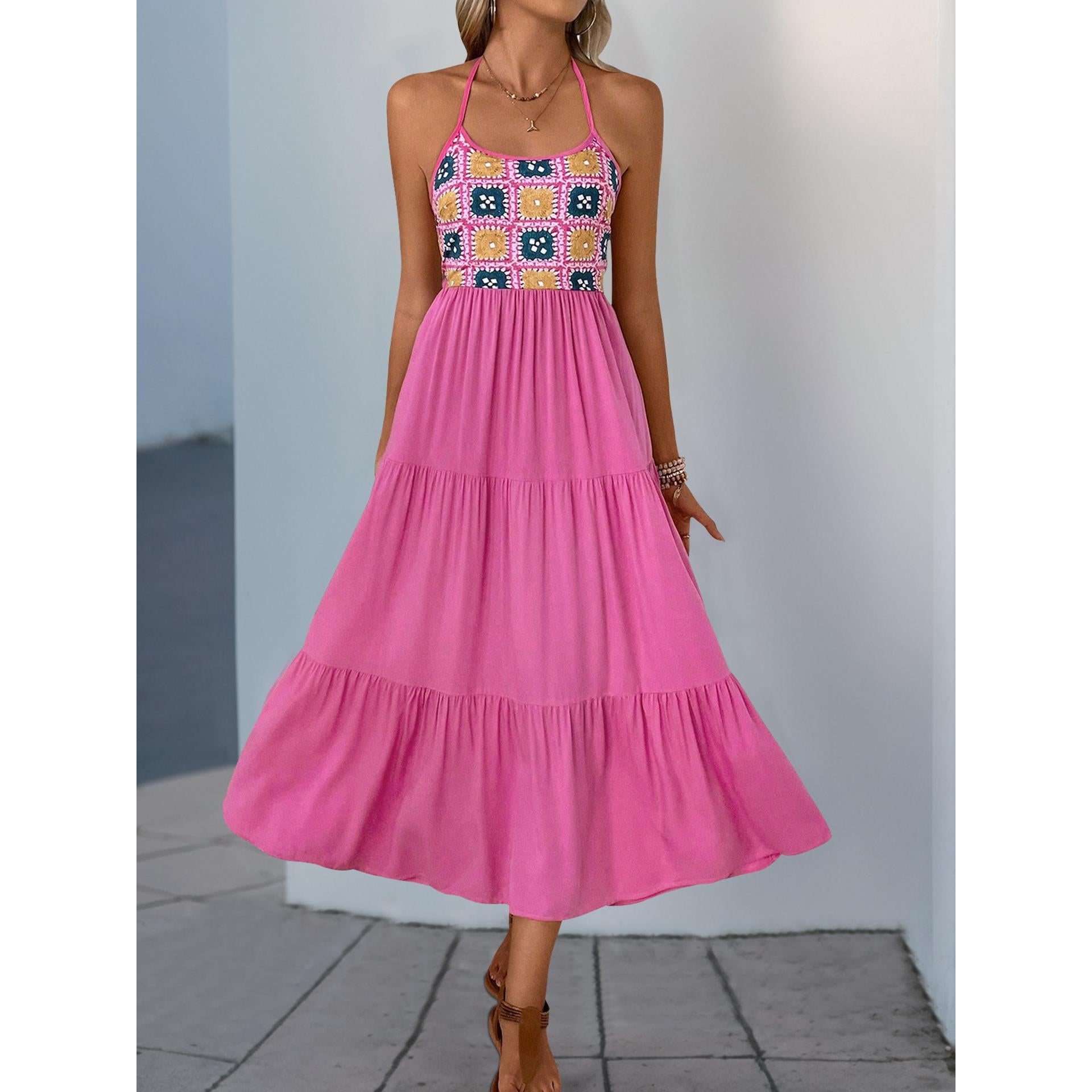 Women Embroidered Halter Neck Fit & Flare Midi Dress