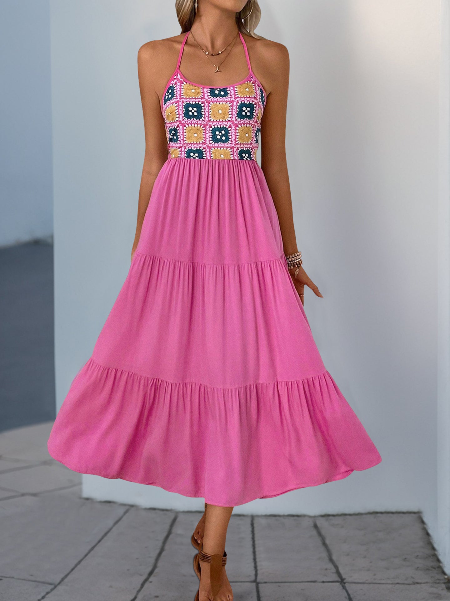 Women Embroidered Halter Neck Fit & Flare Midi Dress