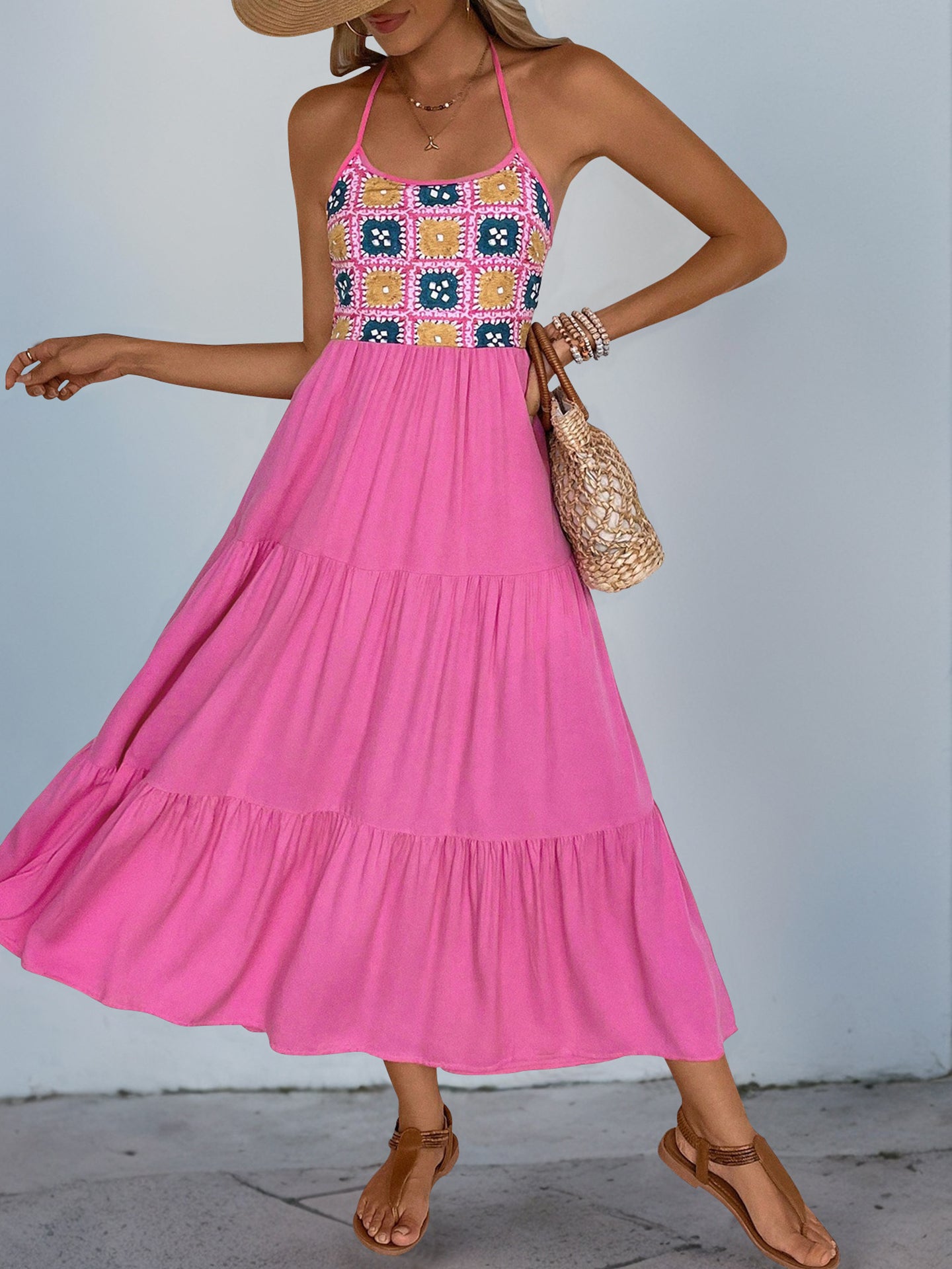 Women Embroidered Halter Neck Fit & Flare Midi Dress