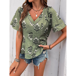 Floral Printed V Neck Puff Sleeves Regular Top