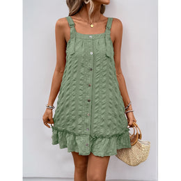 Green Sleeveless Solid Mini Dress with Flounce Hem