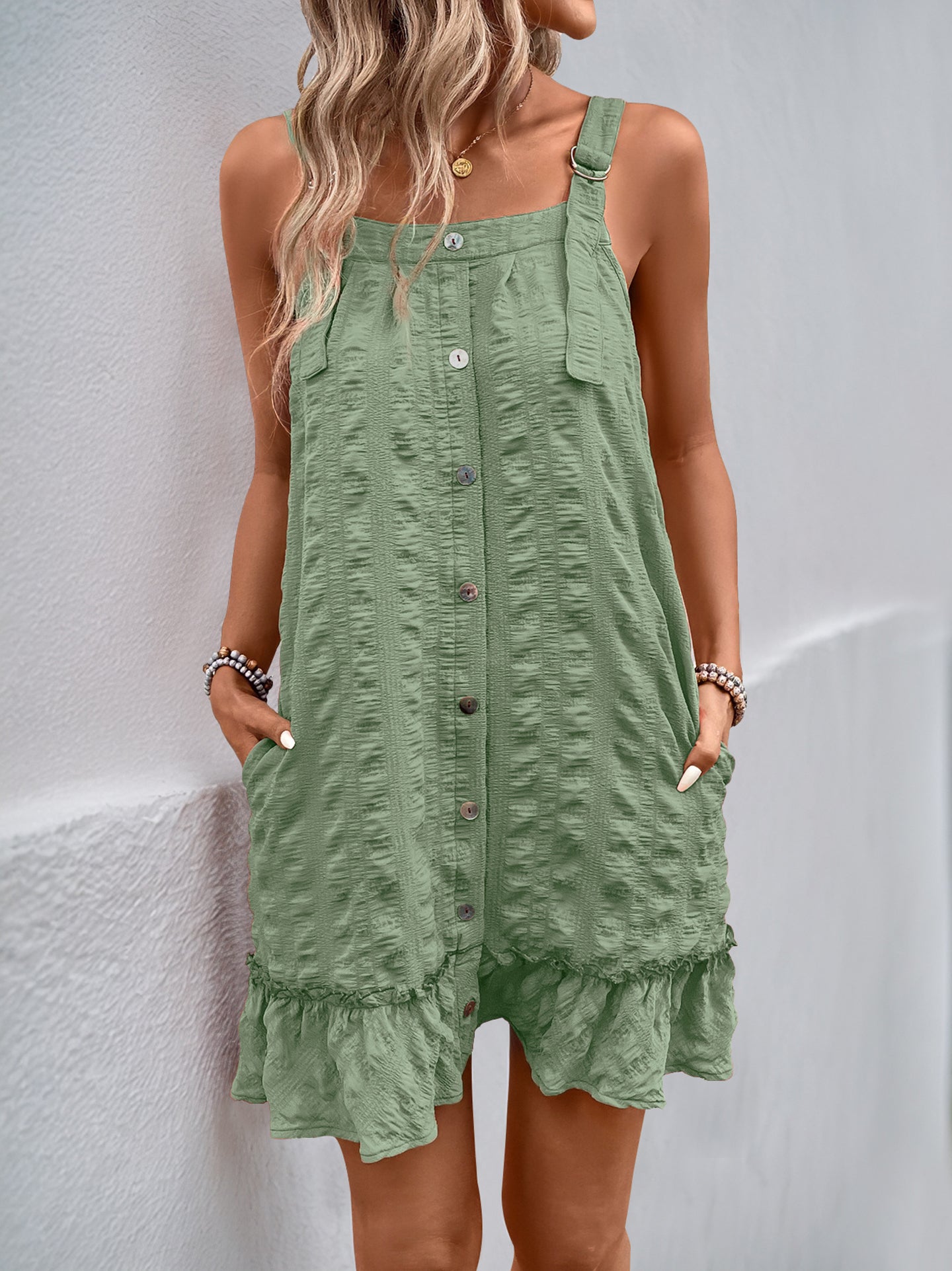 Green Sleeveless Solid Mini Dress with Flounce Hem