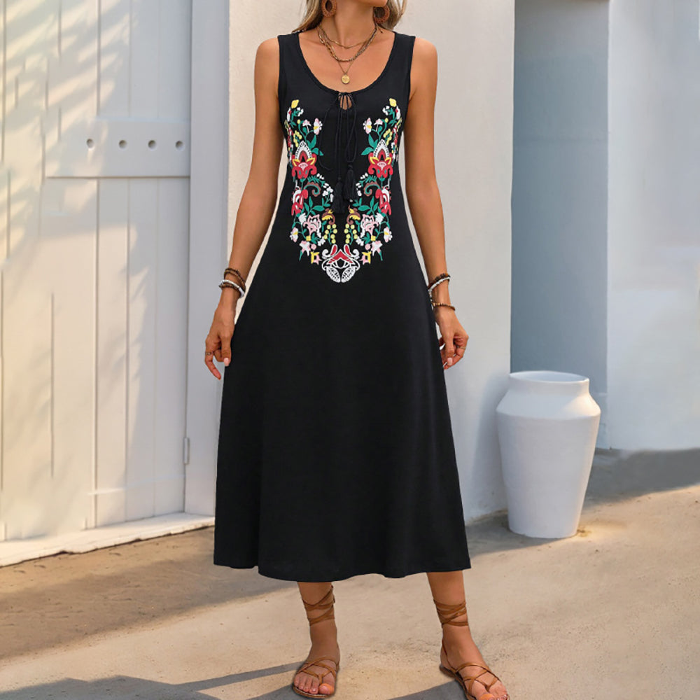 Floral Embroidered A-Line Midi Dress