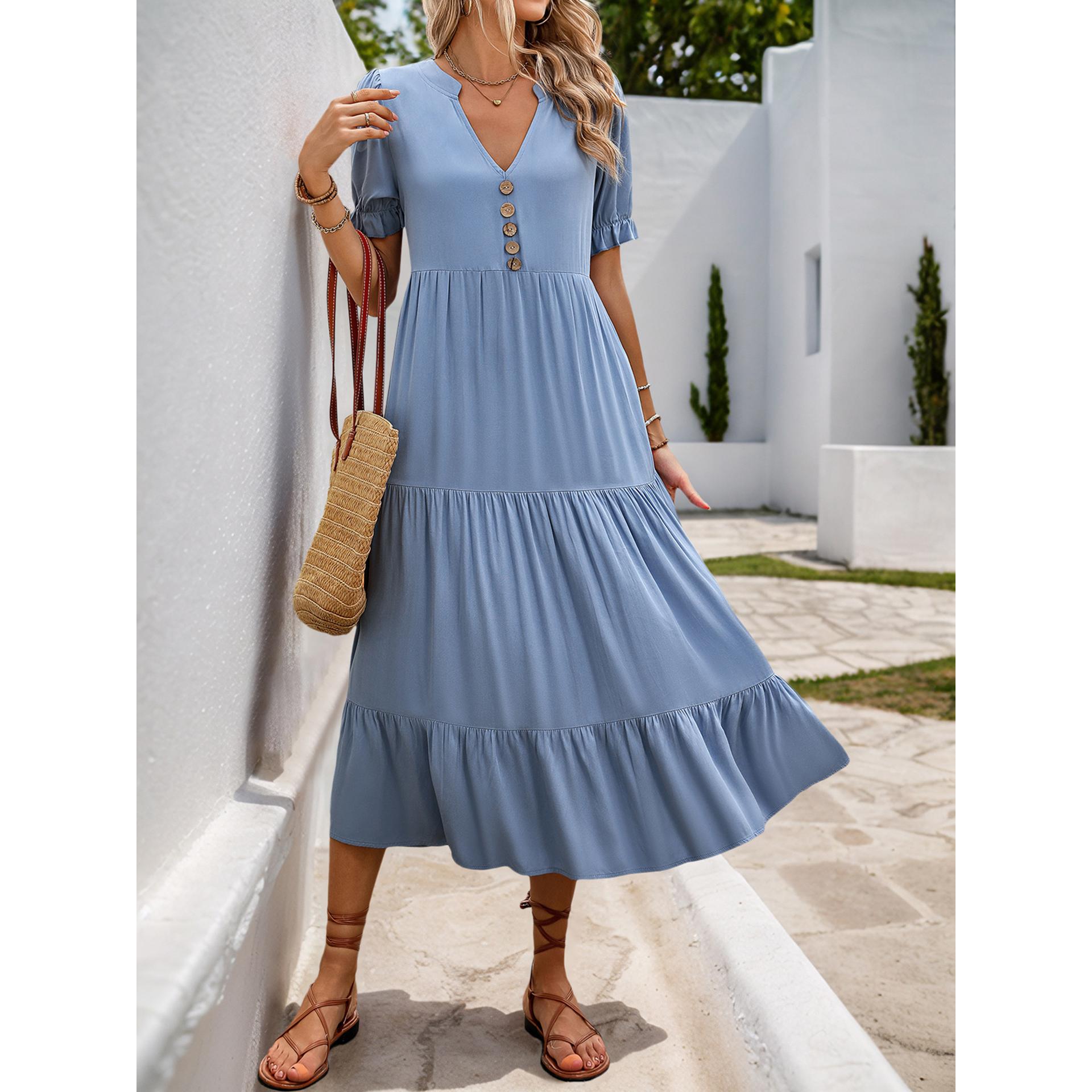 Mandarin Collar Puff Sleeves Tiered A-Line Midi Dress