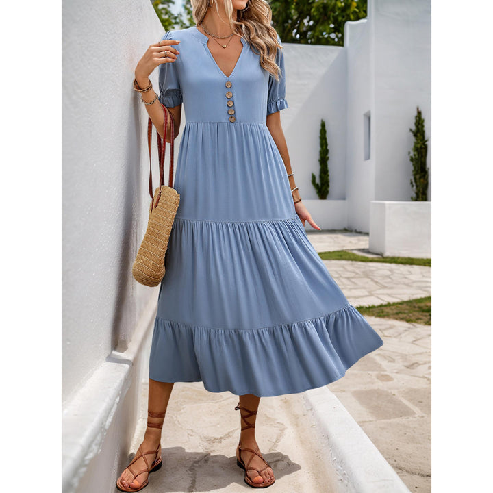 Mandarin Collar Puff Sleeves Tiered A-Line Midi Dress