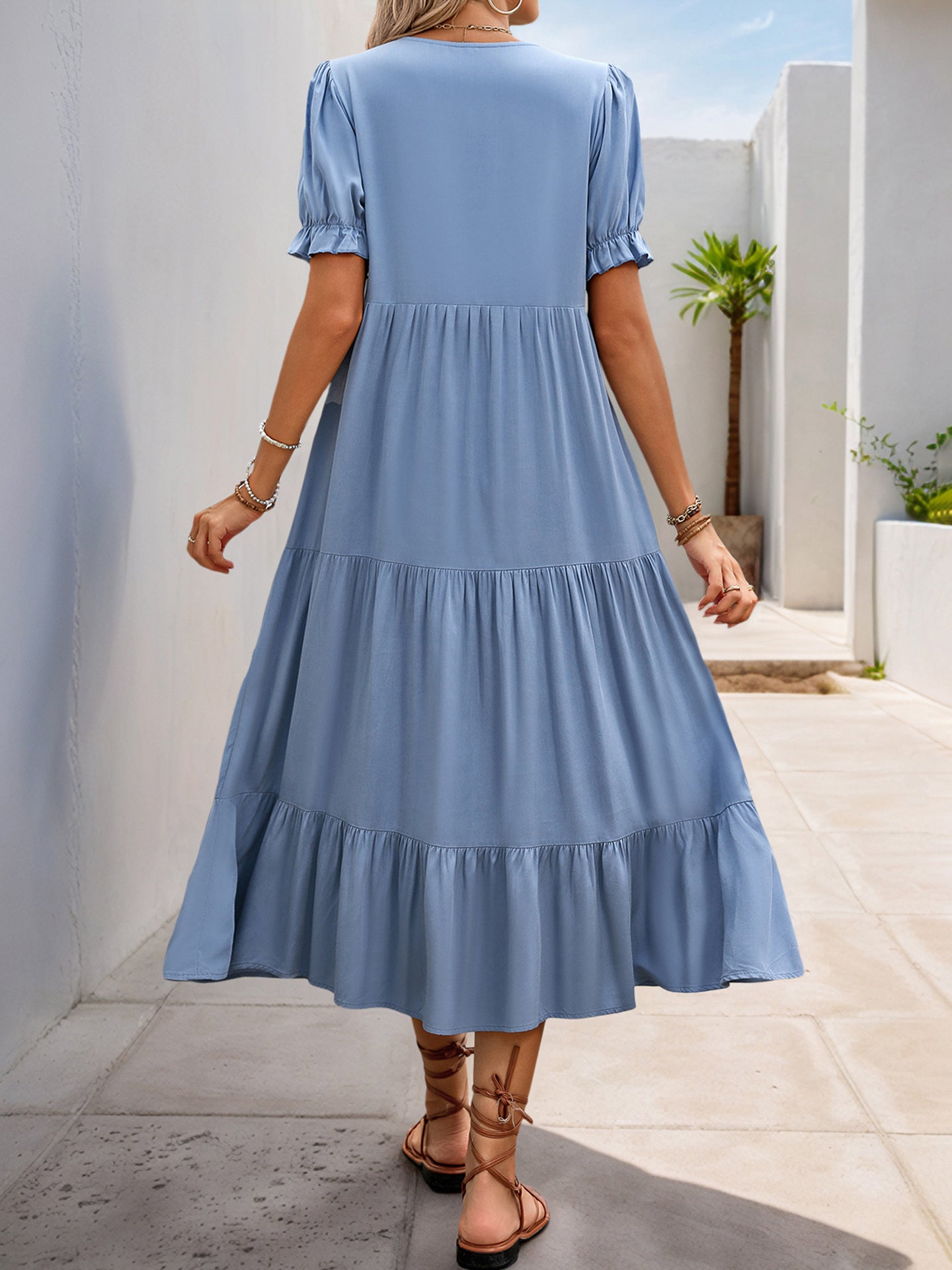 Mandarin Collar Puff Sleeves Tiered A-Line Midi Dress