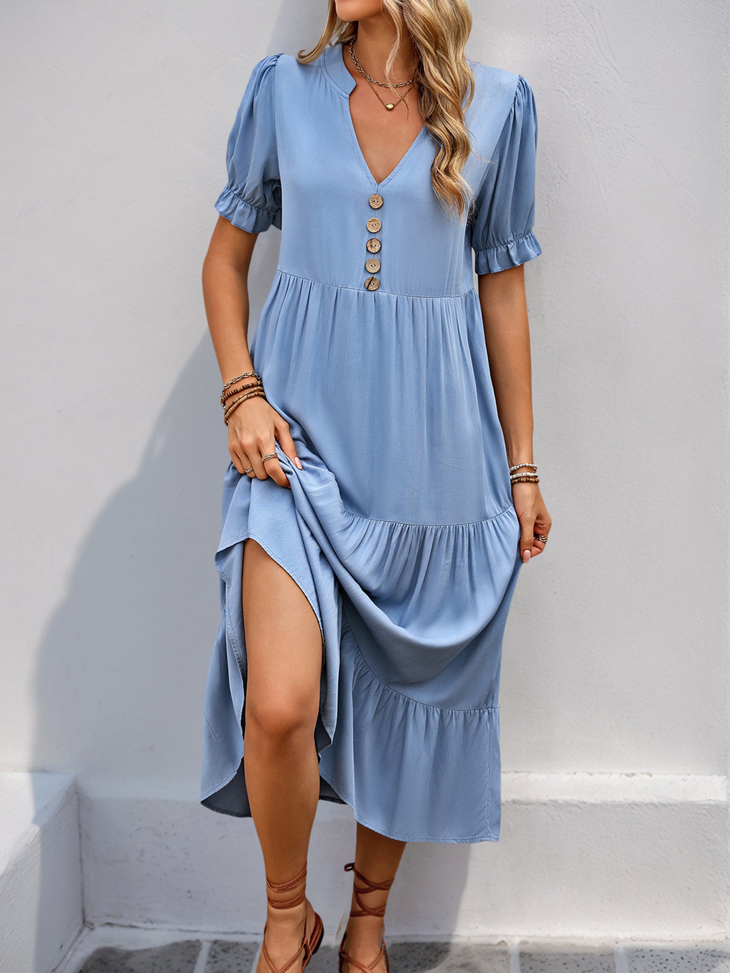 Mandarin Collar Puff Sleeves Tiered A-Line Midi Dress