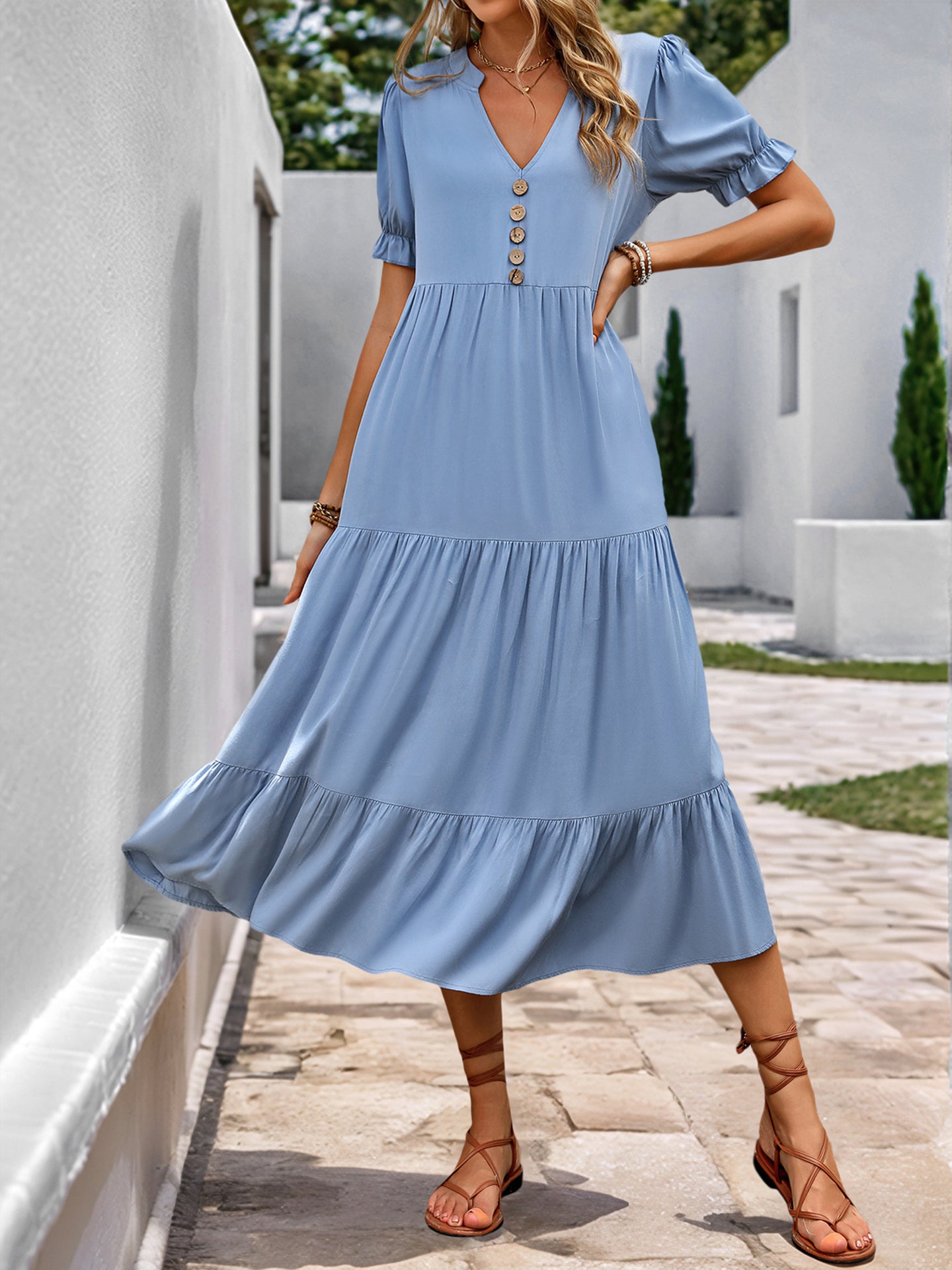 Mandarin Collar Puff Sleeves Tiered A-Line Midi Dress