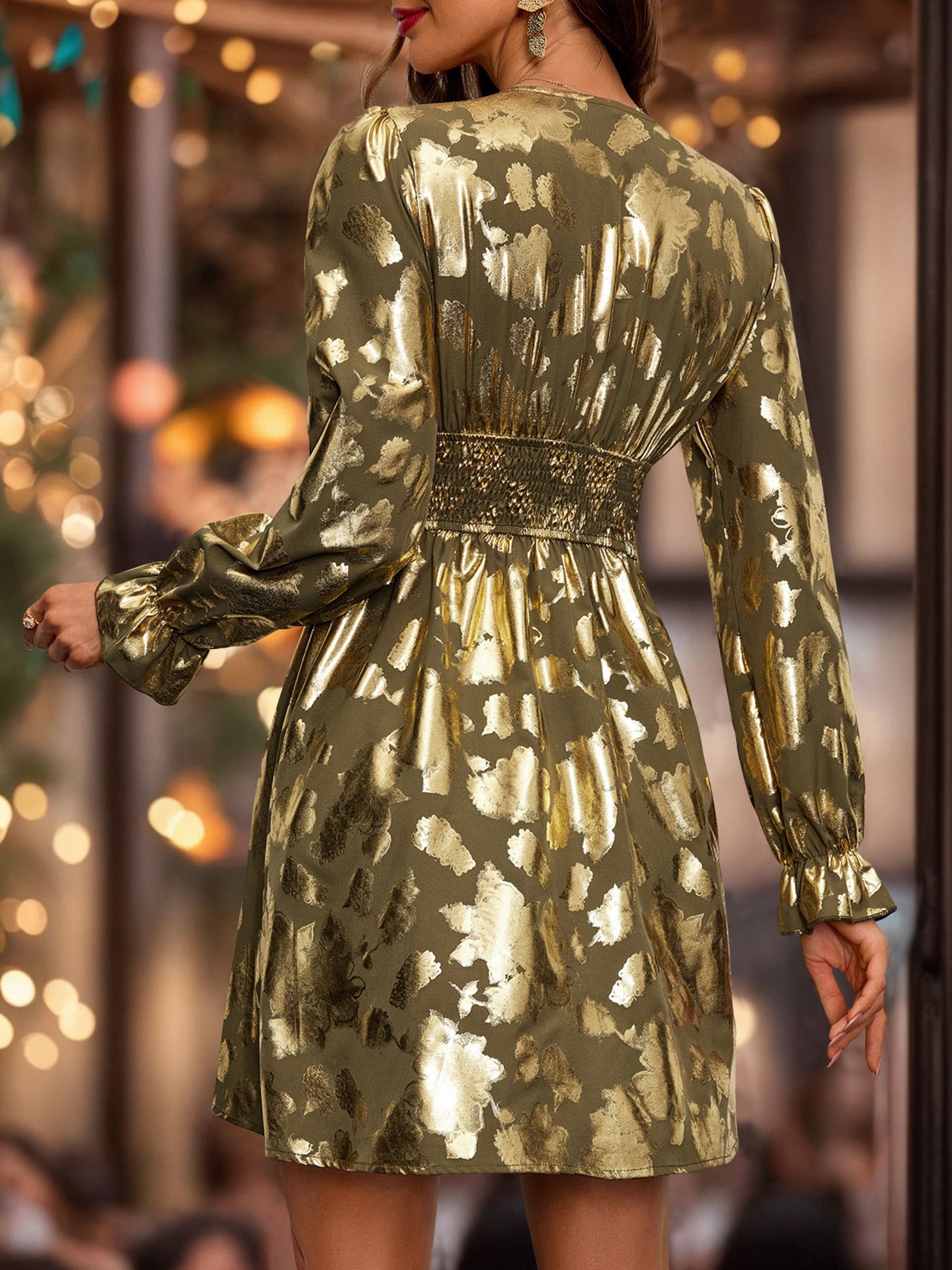 Green Embellished V-Neck Puff Sleeves Dress