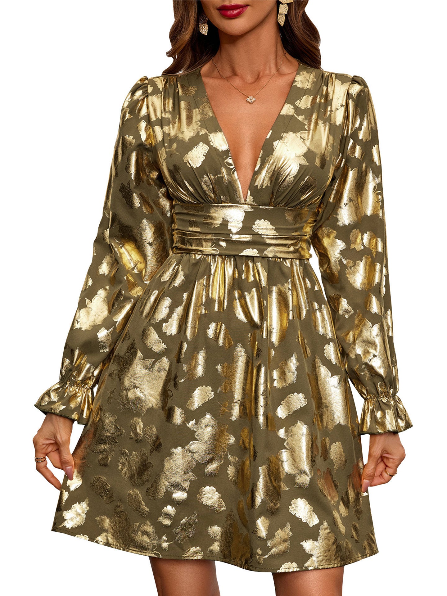 Green Embellished V-Neck Puff Sleeves Dress