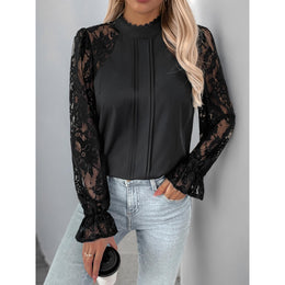 Women High Neck Lace Sleeve Top