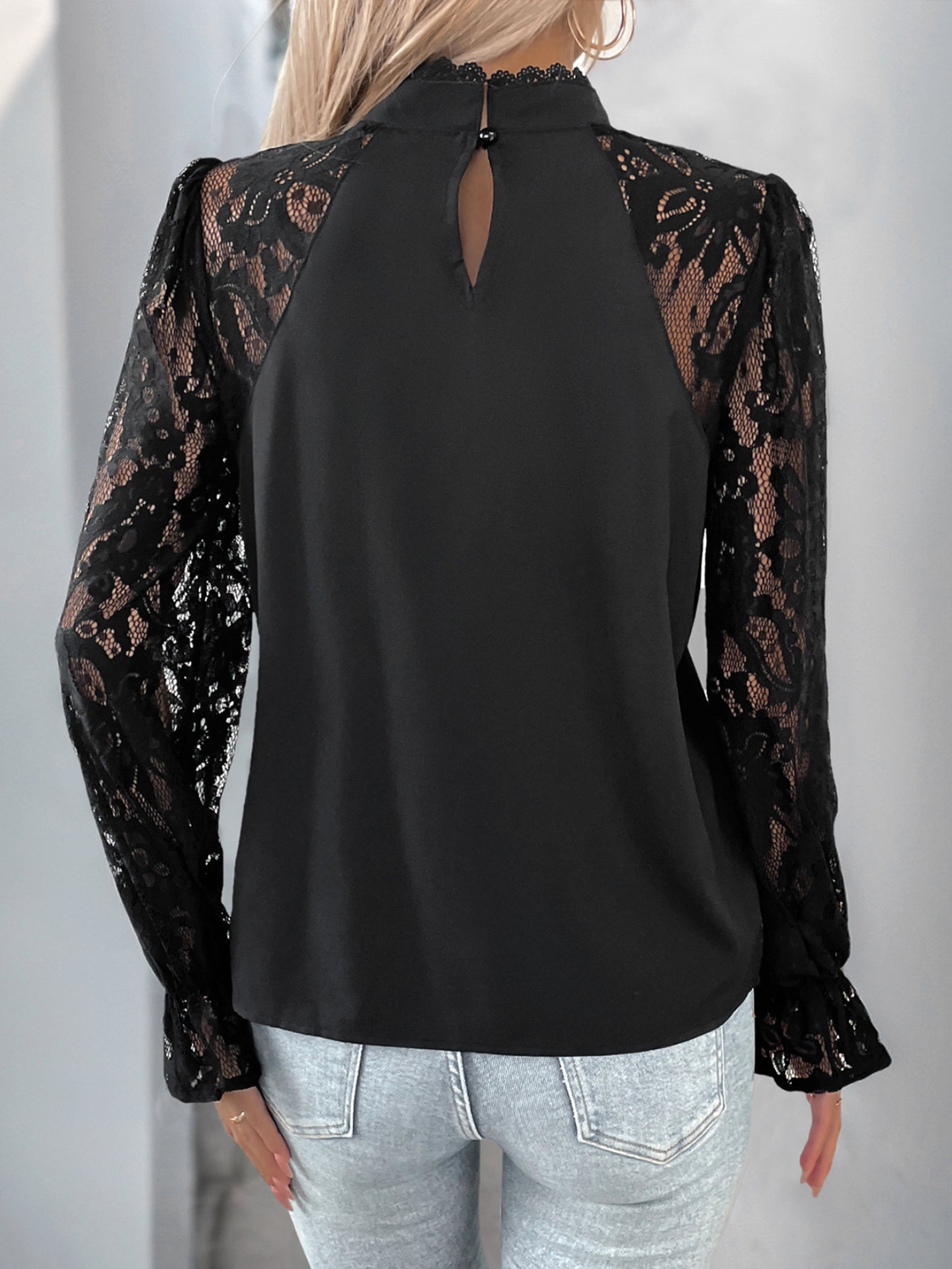 Women High Neck Lace Sleeve Top