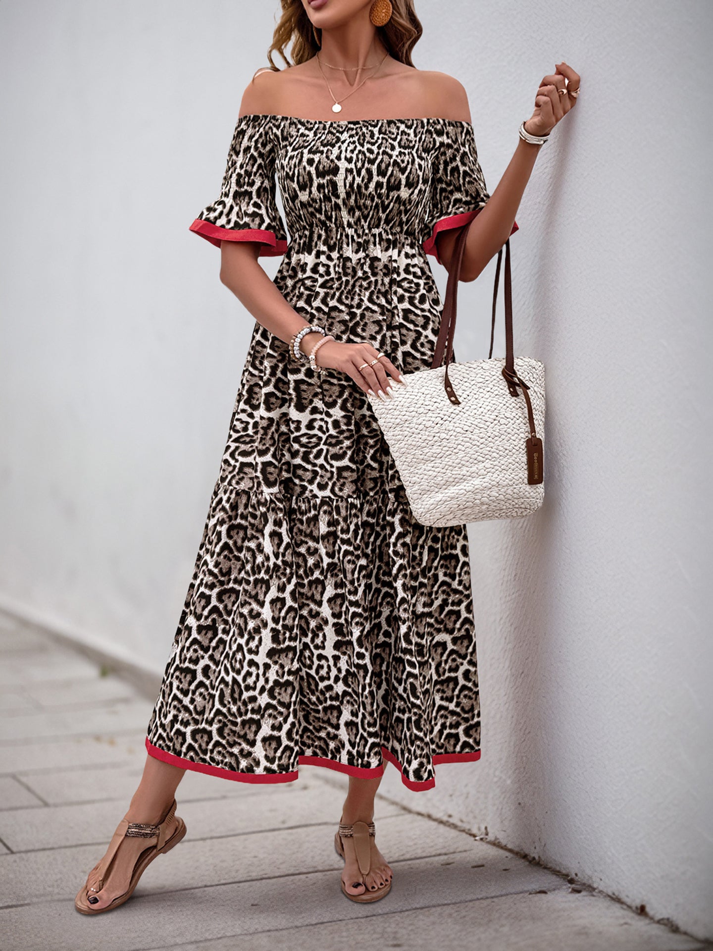 Animal Print Off-Shoulder A-Line Midi Dress