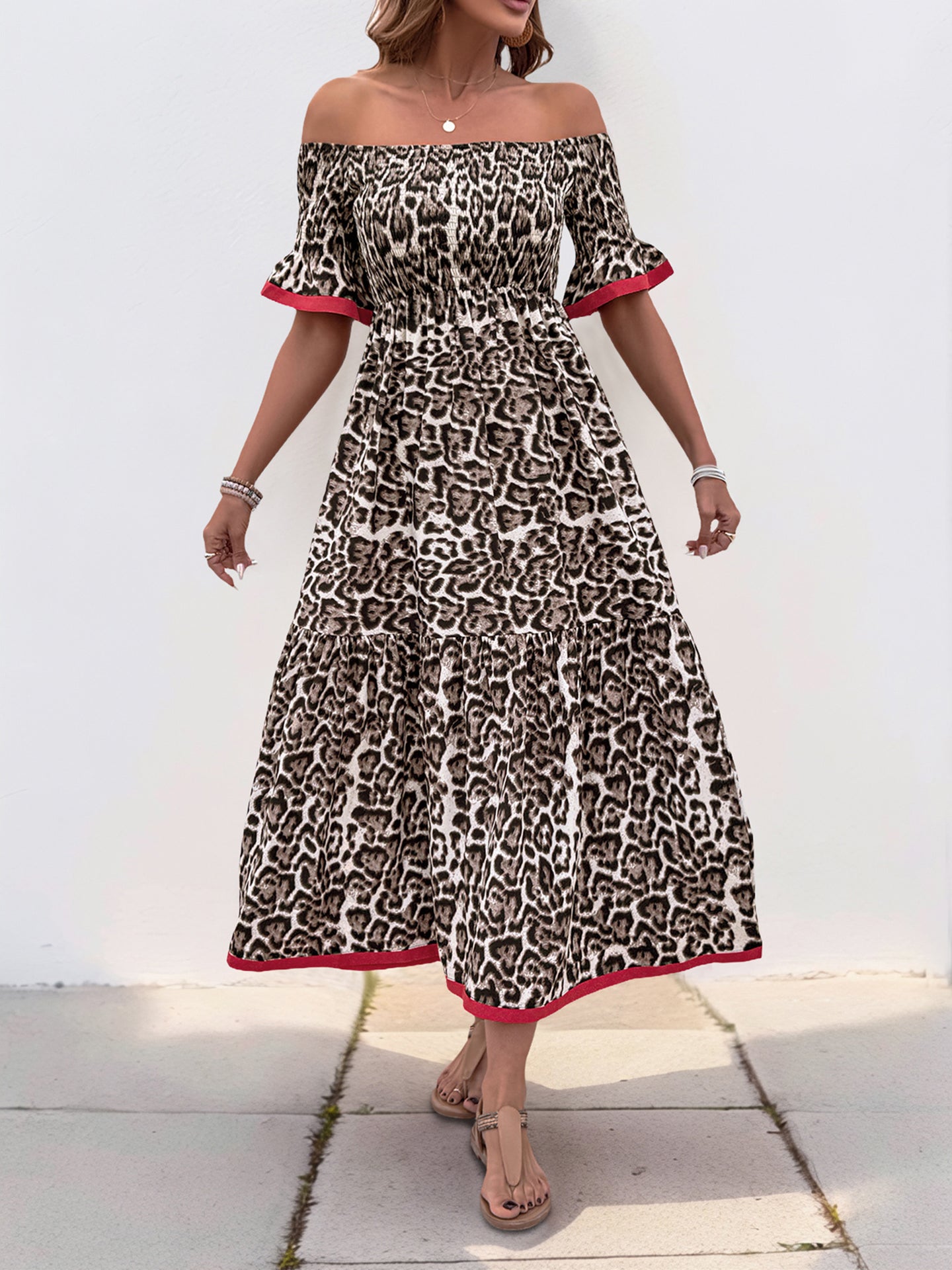 Animal Print Off-Shoulder A-Line Midi Dress