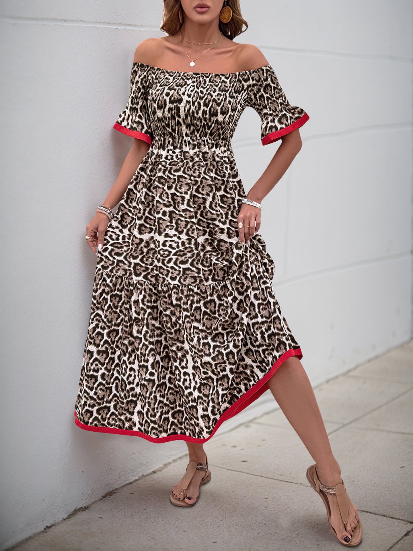 Animal Print Off-Shoulder A-Line Midi Dress