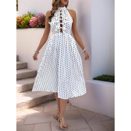 Women Polka Dot Print Halter Neck A-Line Midi Dress