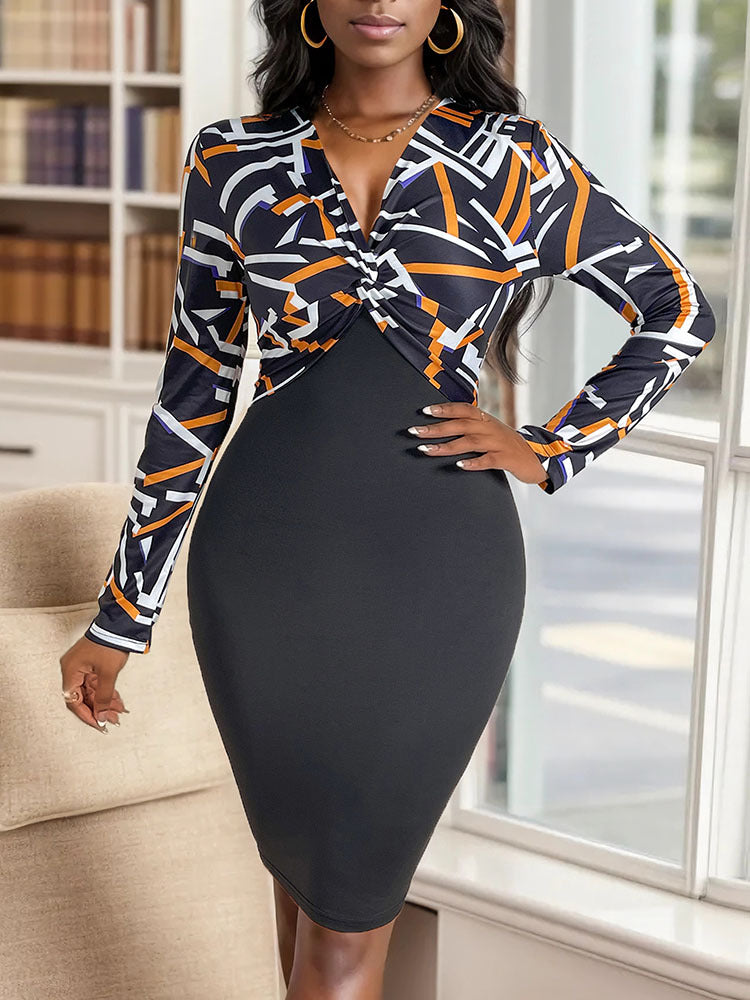 Abstract Print Knee Length Bodycon Dress
