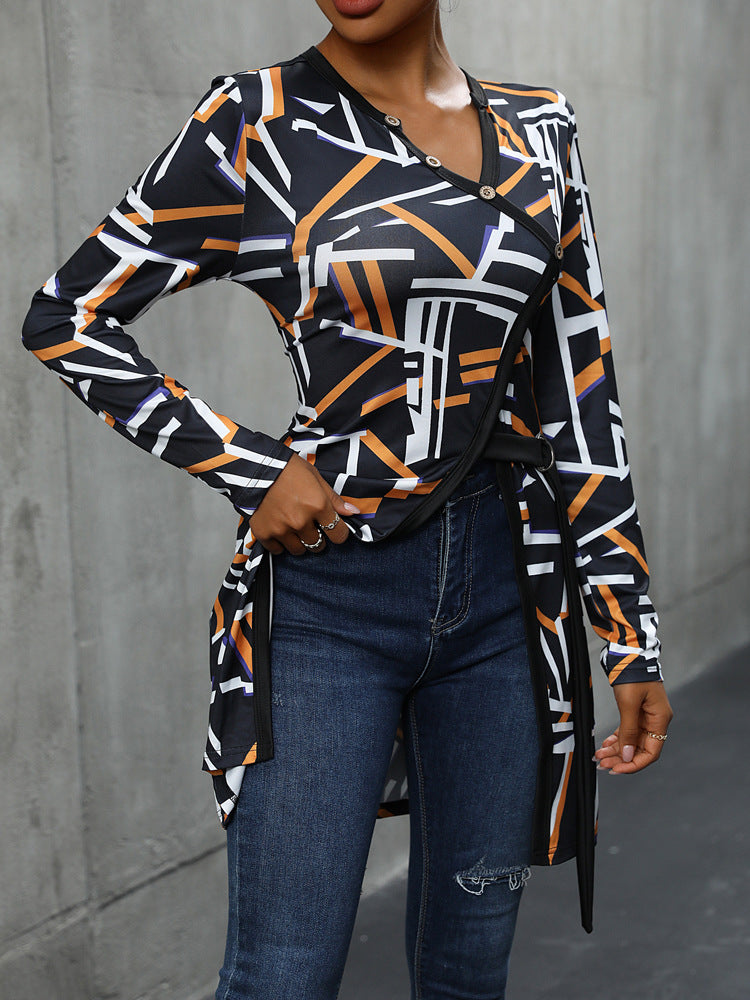 Women Abstract Printed V-Neck Top