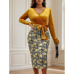 Women V-Neck Floral Print Tie-Ups Bodycon Midi Dress