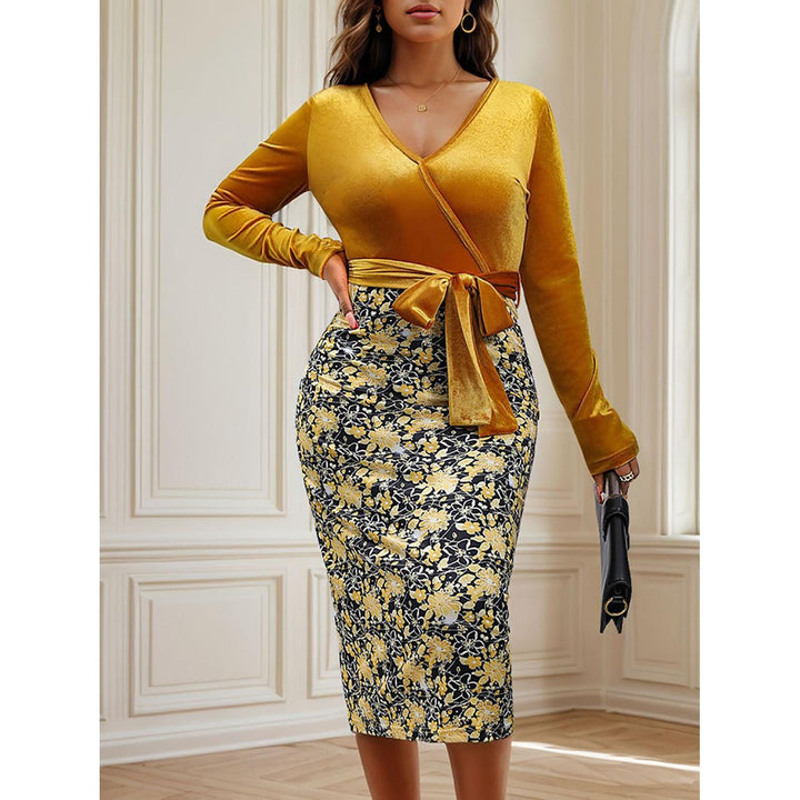 Women V-Neck Floral Print Tie-Ups Bodycon Midi Dress