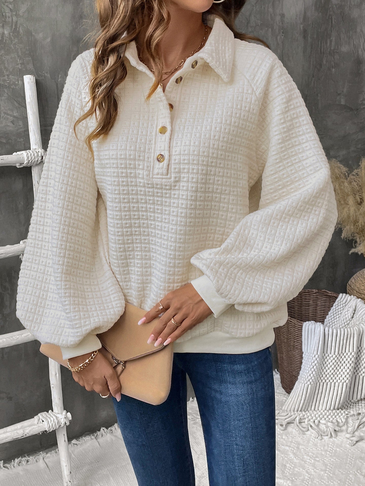 Women Self Design Shirt Collar Sweatshirt