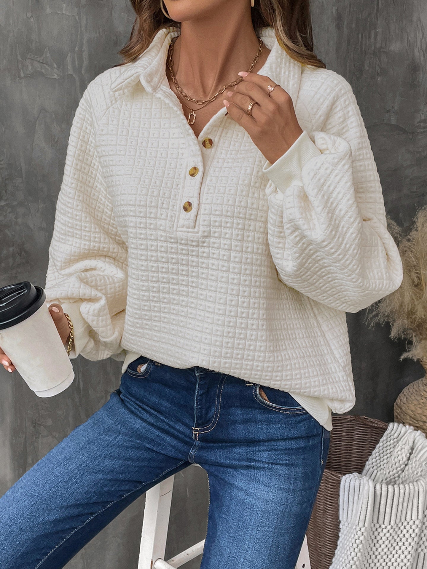 Women Self Design Shirt Collar Sweatshirt