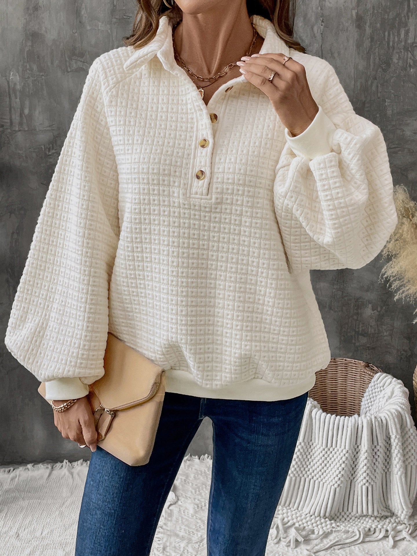 Women Self Design Shirt Collar Sweatshirt