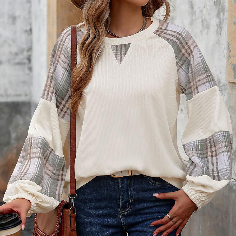 Women Round Neck Checked Puff Sleeves Sweatshirt
