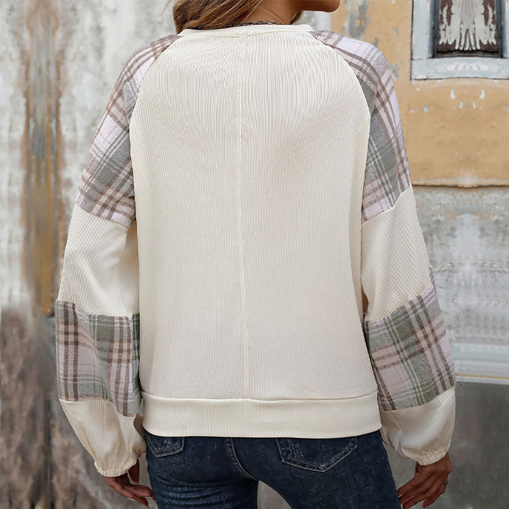 Women Round Neck Checked Puff Sleeves Sweatshirt