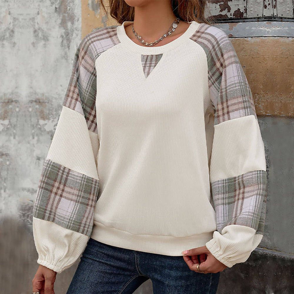 Women Round Neck Checked Puff Sleeves Sweatshirt