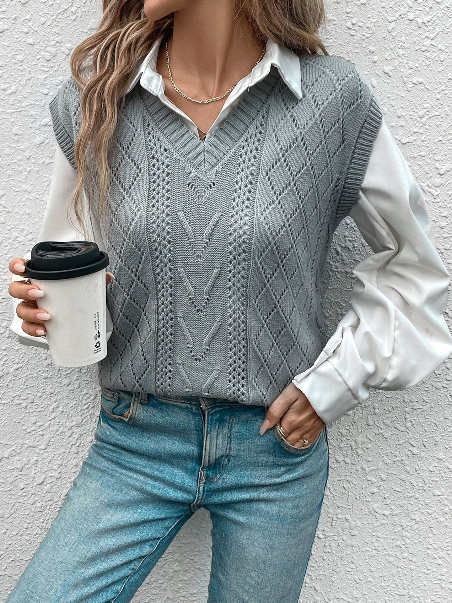 Women Self Design Cable Knit Sweater Vest
