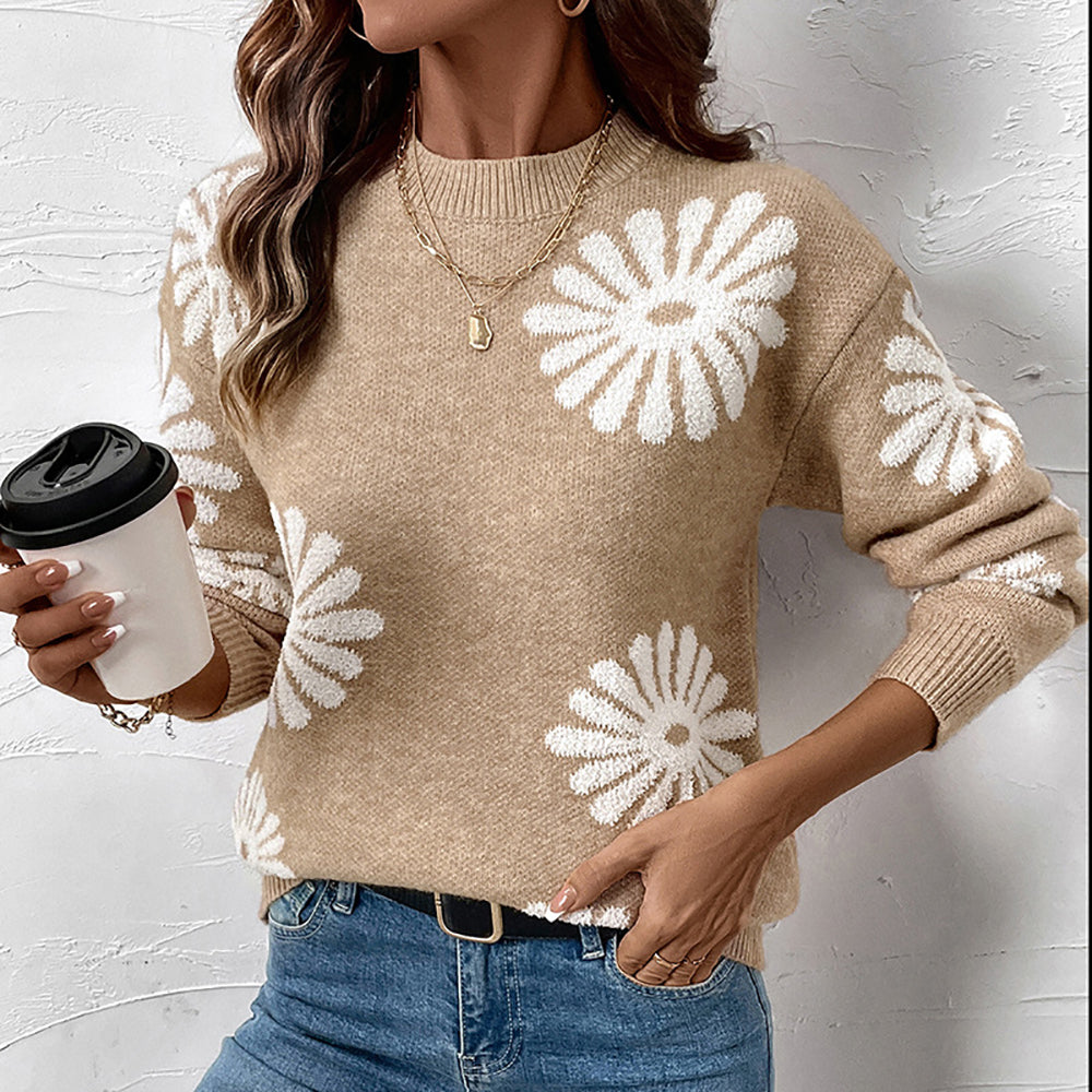 Women Floral  Round Neck Long Sleeves Pullover