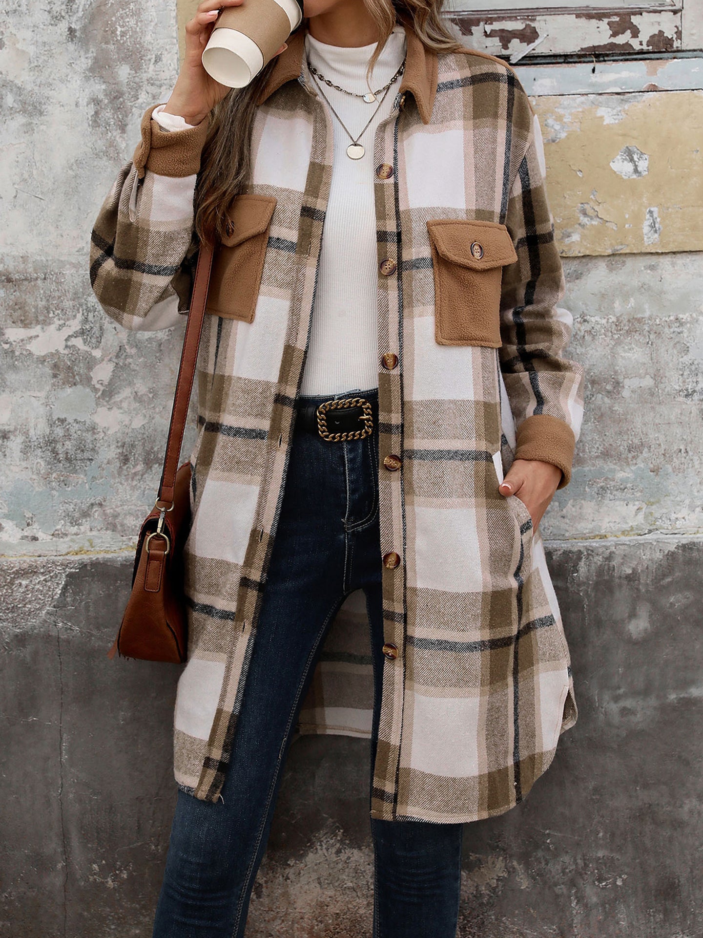 Women Checked Single-Breasted Overcoat