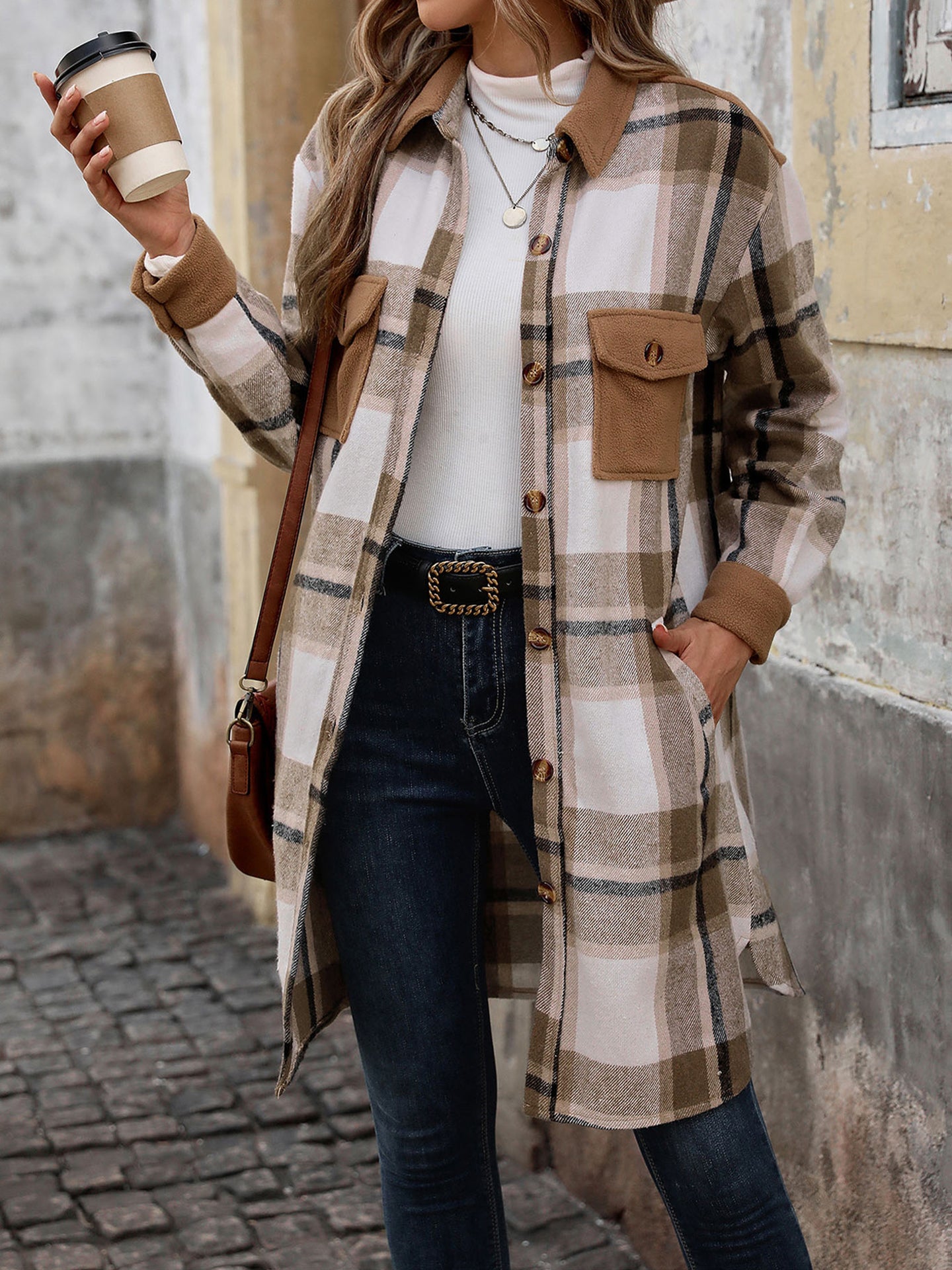 Women Checked Single-Breasted Overcoat