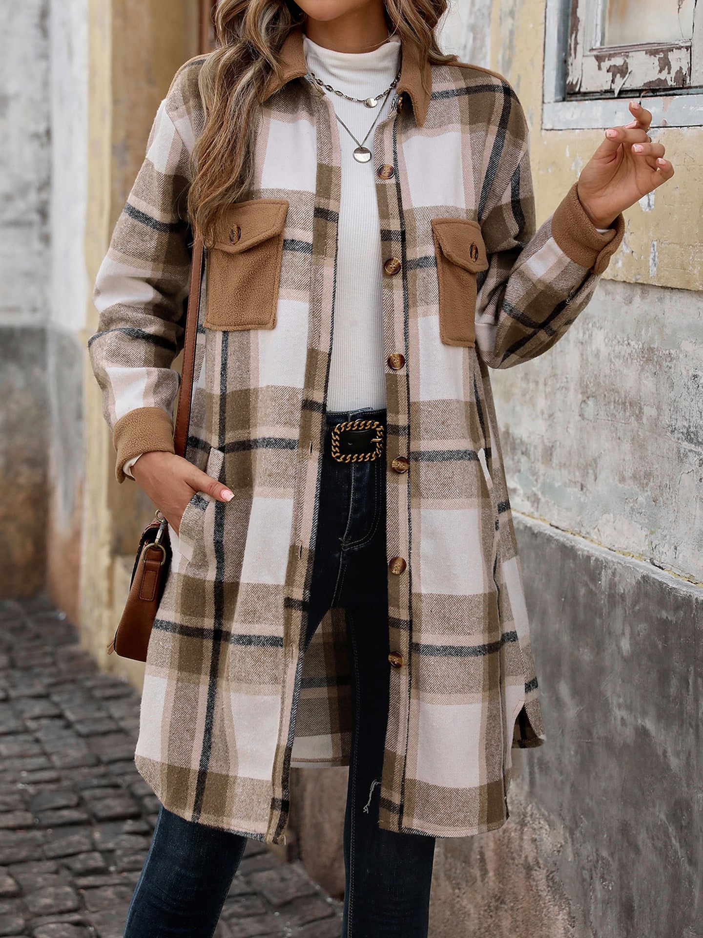 Women Checked Single-Breasted Overcoat