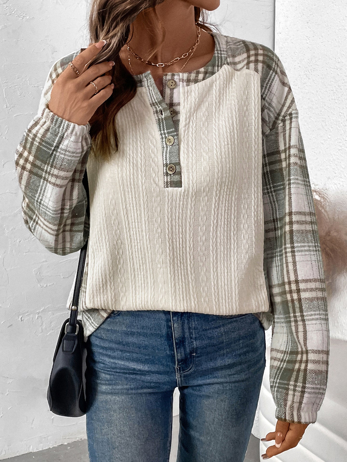 Women Checked Round Neck Cotton Top
