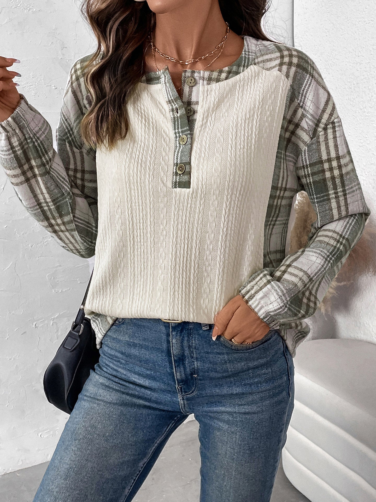 Women Checked Round Neck Cotton Top