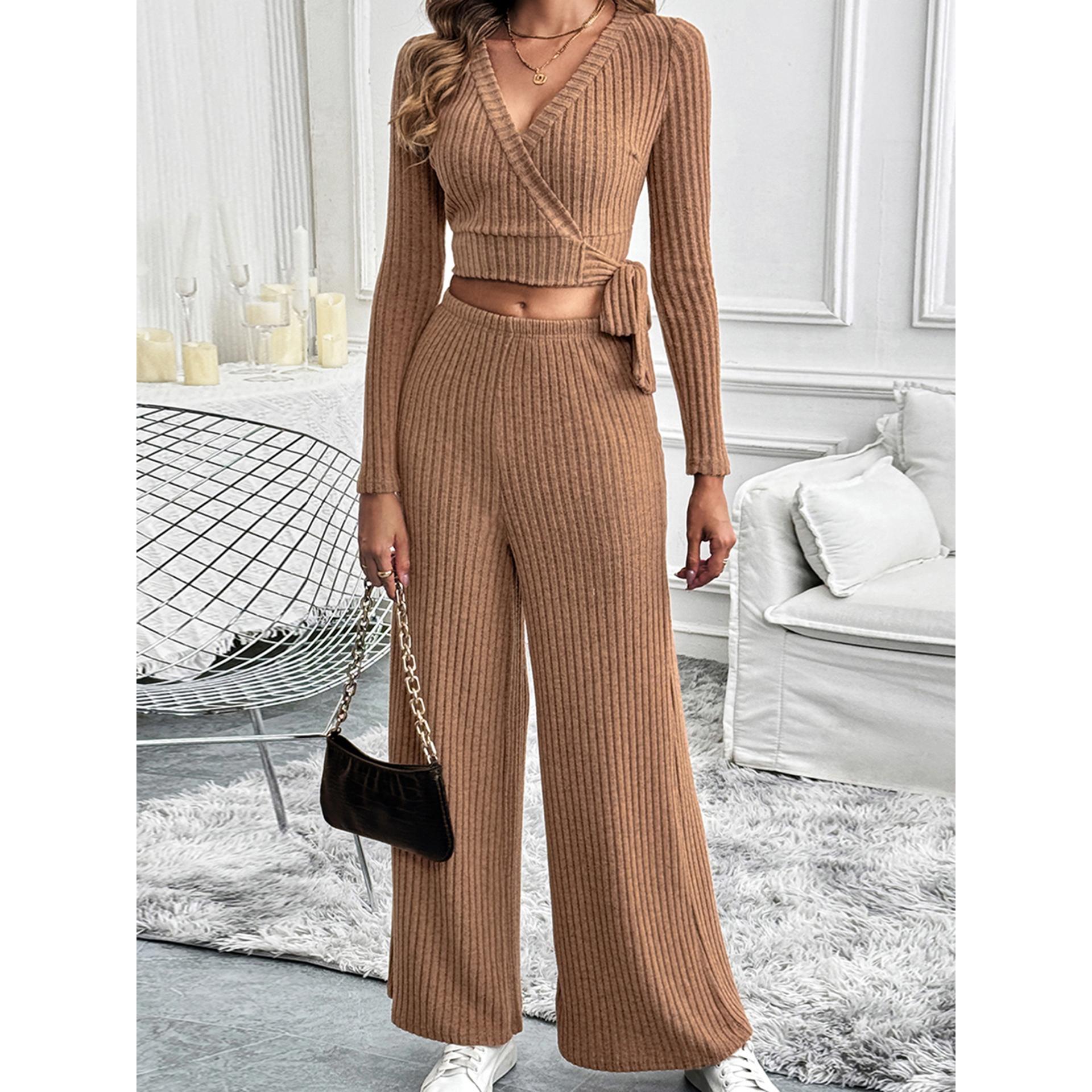 Ribbed V-Neck Crop Top With Palazzo