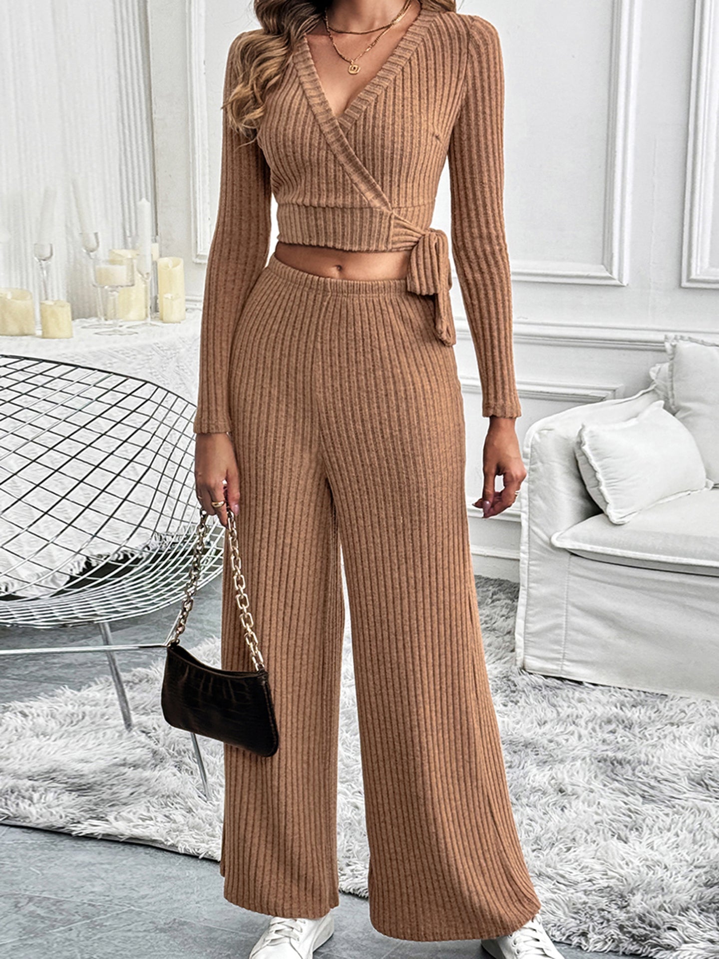 Ribbed V-Neck Crop Top With Palazzo