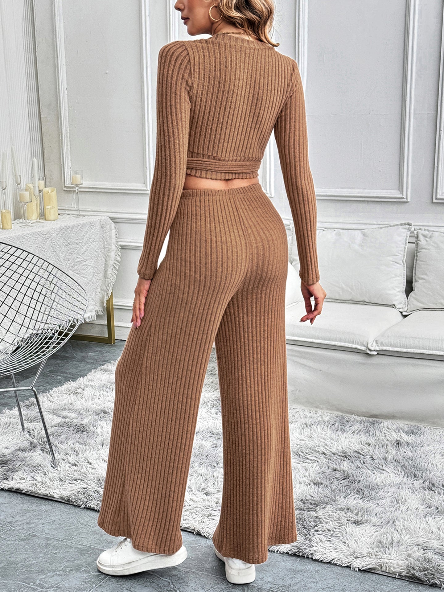Ribbed V-Neck Crop Top With Palazzo