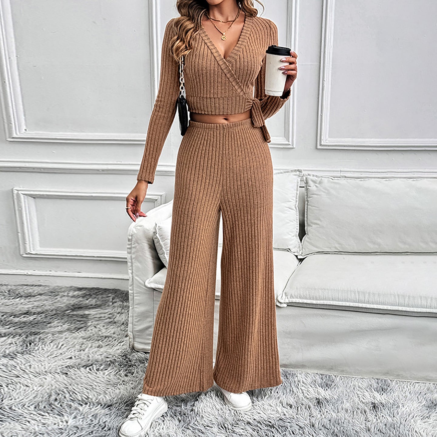 Ribbed V-Neck Crop Top With Palazzo