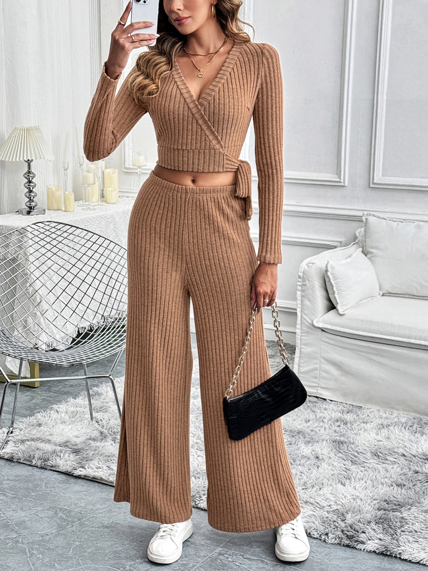 Ribbed V-Neck Crop Top With Palazzo