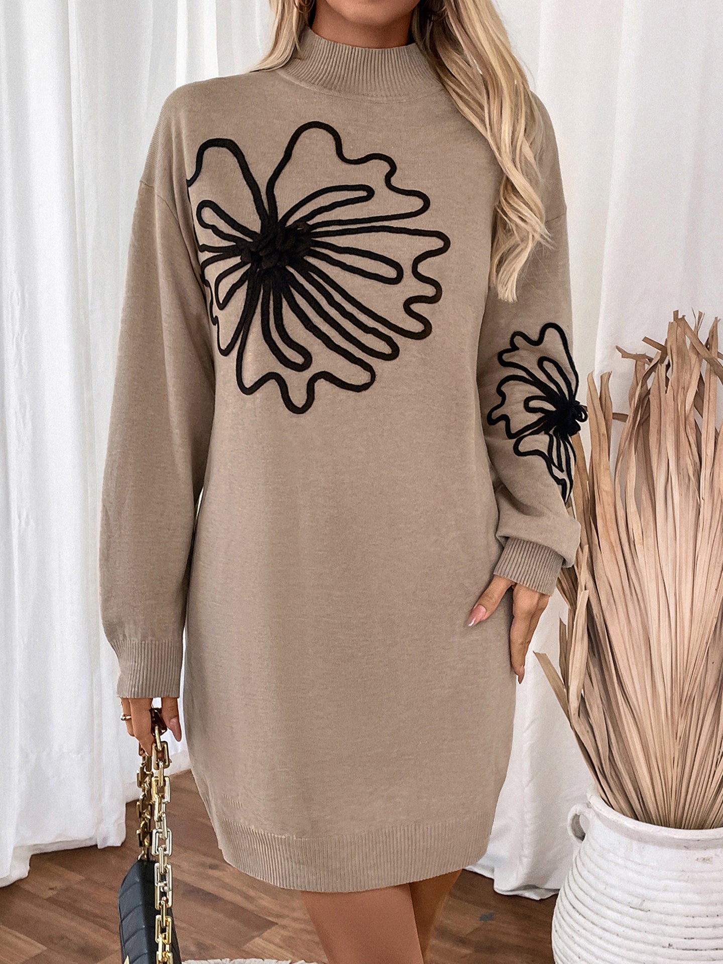 Women Floral Print High Neck T-shirt Mini Dress