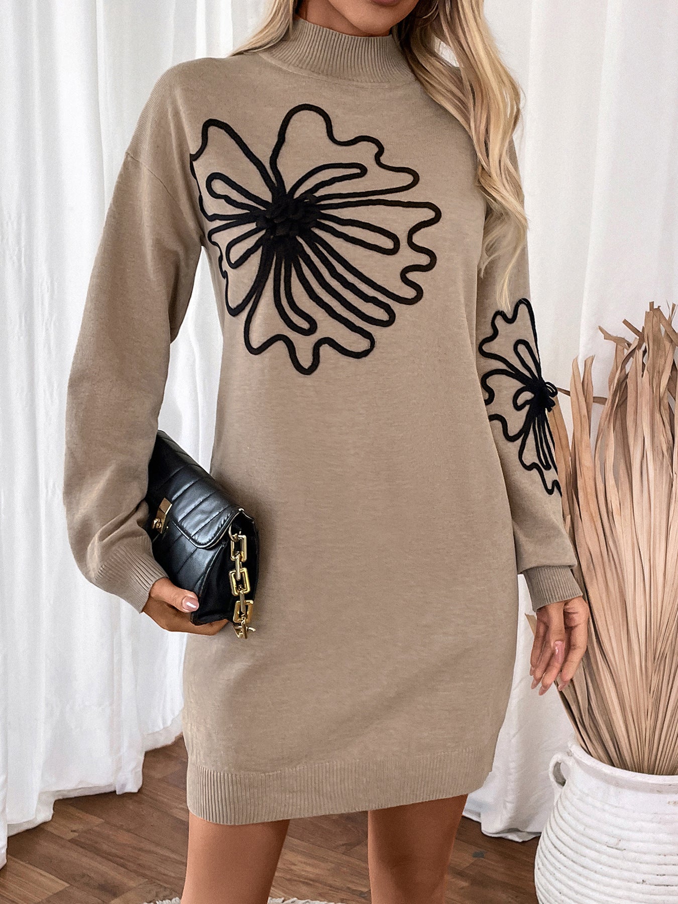 Women Floral Print High Neck T-shirt Mini Dress