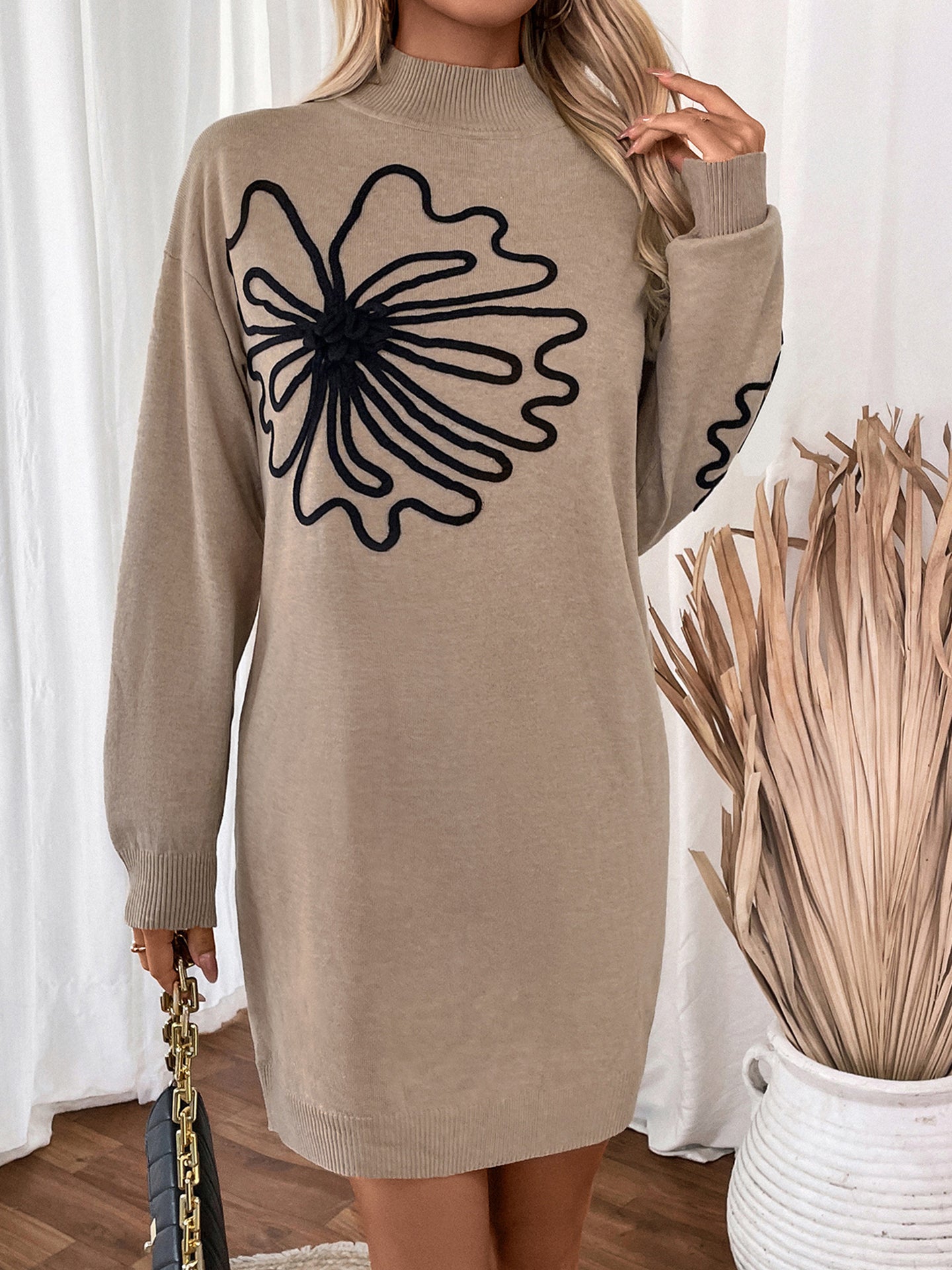 Women Floral Print High Neck T-shirt Mini Dress